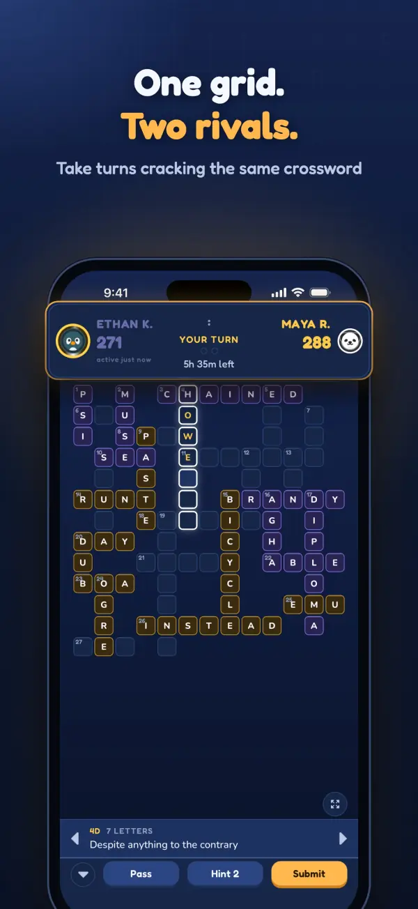 One grid, two rivals: take turns cracking the same crossword.