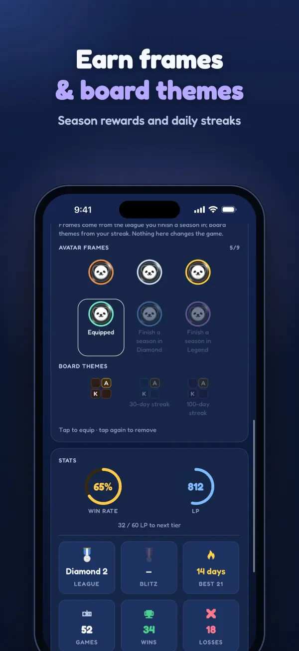 Season rewards and daily streaks unlock frames and board themes.